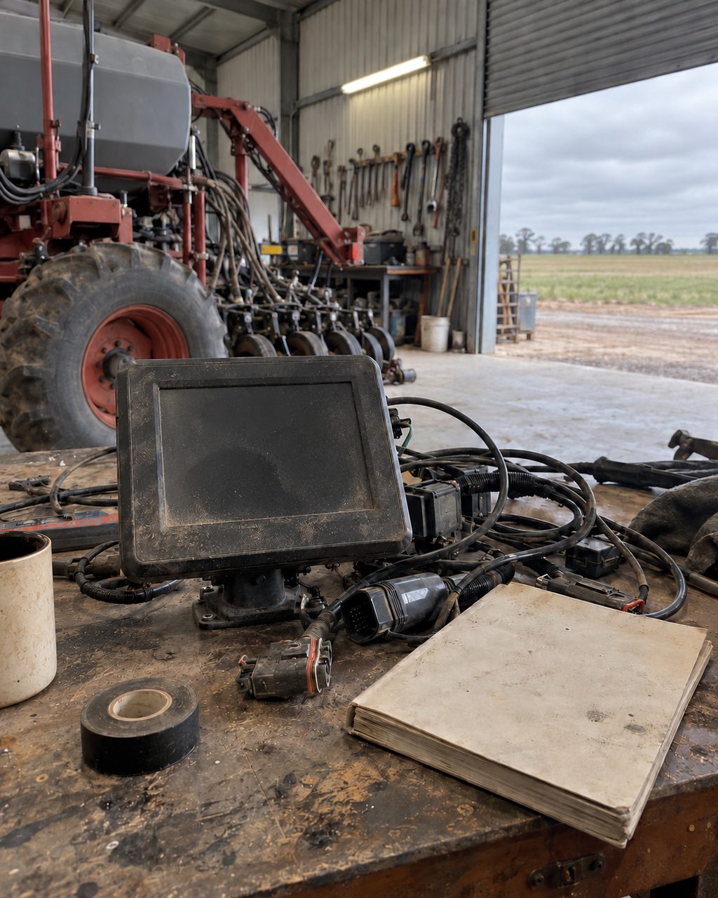 A dusty machinery-display screen and its cabling on a shed workbench beside a manual, a mug and a roll of tape, with a seeder behind and an open roller door onto a wet paddock.
